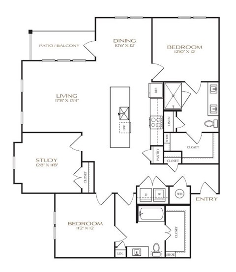Floor plan for 2 beds, 2 baths, 1438 sqft
